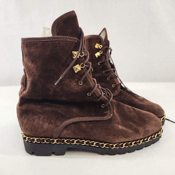 Browns Suede Lace Up Boots Size 37 Made in Italy Chain Accent Leather Rubber - Picture 4 of 11